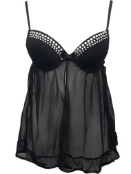 Womens Black Silver Stud Babydoll Chemise Nightie Nightgown Lingerie Teddy Med
