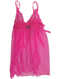 Womens Hot Pink Polka Dot See Through Chemise Nightie Nightgown Lingerie Teddy