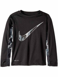 Nike Boys Dri-Fit Black & Gray Spray Painted Swoosh Long Sleeve Tee Shirt