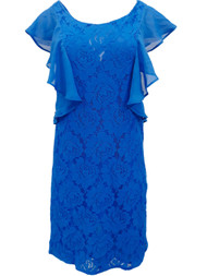 Womens Ruffled Royal Blue Capped Shoulder Cross Back Floral Lace Dress