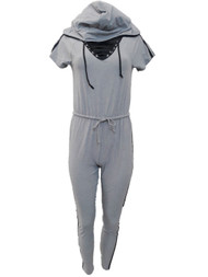 Junior Womens Heather Gray & Black Short Sleeve Striped Jumpsuit Romper