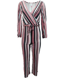 Junior Womens Mauve Rose Pink Black Vertical Striped Jumpsuit Romper