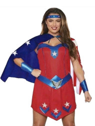 Womens American Superhero Halloween Costume Patriotic Dress Cape Headband