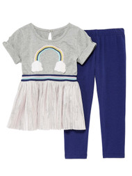 Toddler Girls Rainbow & Shiny Pink Dress Shirt & Navy Blue Legging Pant Set