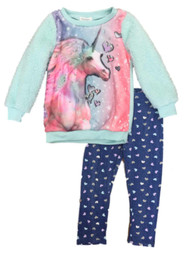 Toddler Girls Mint Green Unicorn Fleece Sweatshirt & Blue Heart Leggings