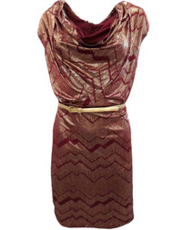 Womens Burgundy Red Gold Chevron Scribble Print Cocktail Evening Dress