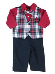 Infant Boys Red Plaid Suit & Bow Tie Romper One Piece Bodysuit Outfit 3-6 Months