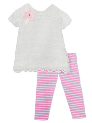 Infant Girls 2 Piece White Lace Shirt & Pink Striped Legging Outfit