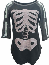 Womens Gray & Black Skeleton Bones Halloween Holiday Raglan T-Shirt