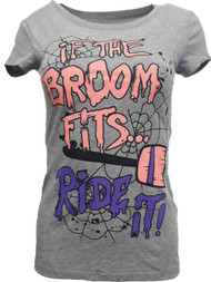 Womens Gray If The Broom Fits Witch Spiderweb Halloween Holiday T-Shirt