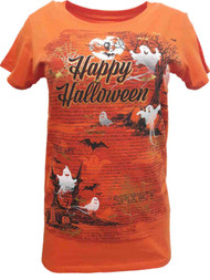 Womens Orange Gold Metallic Ghost Bat Tombstone Happy Halloween T-Shirt
