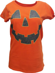 Womens Orange Glitter Jack O' Lantern Pumpkin Smile Face Halloween T-Shirt