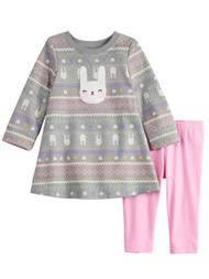 Infant Girls Gray & Glitter Bunny Rabbit Dress Shirt & Pink Legging Outfit