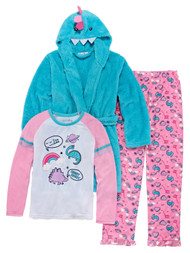 Girls 3pc Plush Blue & Pink Night Night Dinosaur Pajamas & Bath Robe Set