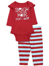 Infant Girls Red Sleigh Hair Don't Care Christmas Creeper Outfit Bodysuit Set