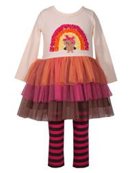 Toddler Girls Turkey Fall Holiday Tutu Dress Shirt  & Striped Legging Outfit