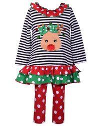 Toddler Girls Reindeer Holiday Outfit Ruffle Striped Shirt Polka Dot Leggings 2T