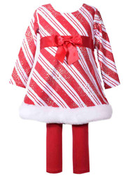 Infant &Toddler Girls Red Shimmery Striped Holiday Dress & Legging Outfit