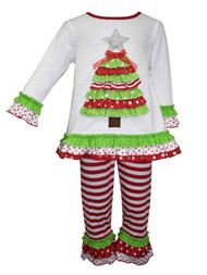 Toddler Girls Green Red Ruffle Christmas Tree Dress Shirt & Striped Pants