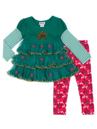 Toddler Girls Green Red Christmas Tree Dress Shirt & Reindeer Legging Outfit