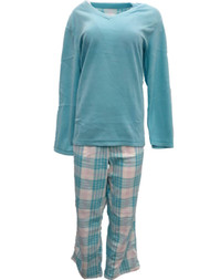 Womens Blue & White Pink Plaid Checker Print Fleece Pajamas Sleep Set X-Large