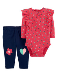 Carters Infant Girls Coral & Navy Ruffled Floral Bodysuit & Patch Leggings 3m