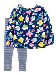 Carters Infant Girls Navy Blue Floral Long Sleeve Shirt & Stripe Leggings NB