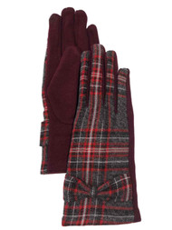 Womens Red & Gray Plaid Bow Stretch Fit Texting & Tech Touchscreen Gloves