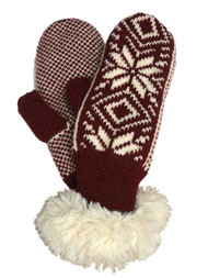 Lukees Rust Red Snowflake Print Knit & Faux Fur Mittens