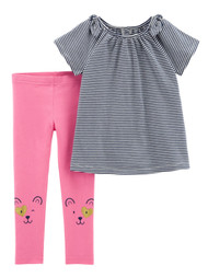Carters Toddler Girls Navy Blue Striped T-Shirt & Pink Bear Legging Outfit 2T