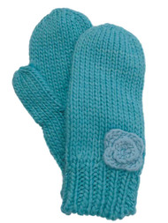 Womens Blue Knit Rosette Winter Mittens