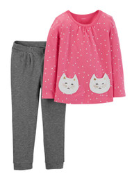 Carters Infant Girls 2pc Pink Dot Shirt With Kitty Cat Pockets & Gray Pants NB