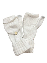 Womens Soft White Cuffed Knit Fingerless Flip Top Convertible Gloves Mittens