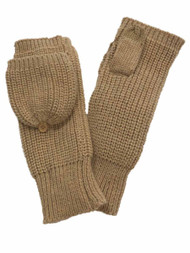 Womens Chunky Tan Knit Fingerless Flip Top Convertible Gloves Mittens Brown