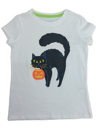 Girls White Halloween T-Shirt Trick Or Treat Black Cat Tee Shirt