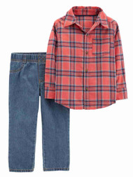 Carters Infant Boys Red & Blue Plaid Flannel Button Up Shirt & Jeans Outfit