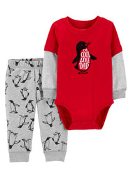 Carters Infant Boys Red Penguin Cool Like Dad Bodysuit & Gray Jogger Pants