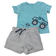 Carters Infant Boys Baby Outfit Blue Monster Truck Shirt & Stripe Shorts