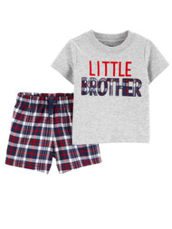 Carters Infant Boys Baby Outfit Little Brother T-Shirt & Plaid Shorts Set