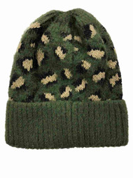 Womens Silky Soft Green Camo Leopard Print Beanie Hat Knit Stocking Cap
