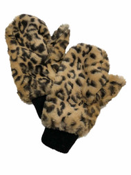 Womens Fuzzy Plush Brown & Black Leopard Print Faux Fur Mittens Cheetah