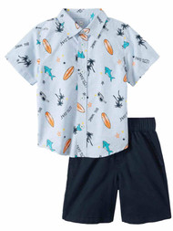 Toddler Boys Outfit Blue Surf Board & Shark Button Front Shirt & Shorts Set