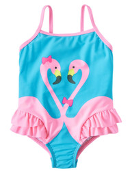 Toddler Girls Blue & Pink Swan Love One Piece Ruffle Swimming Bathing Suit