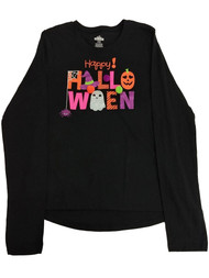Girls Black Glitter Pom Pom Halloween Long Sleeve T-Shirt Ghost Tee Shirt XL 14/16