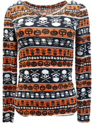 Junior Womens Orange Skull Pumpkin Print Halloween Holiday Long Sleeve T-Shirt