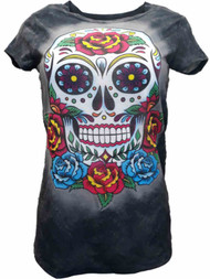 Womens Junior Day Of The Dead Sugar Skull Rose Floral T-Shirt Acid Wash Tee