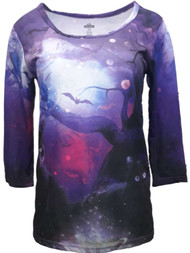 Womens Purple Black Cat Stars Halloween Holiday Long Sleeve T-Shirt