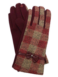 Womens Red & Tan Plaid Bow Stretch Fit Texting & Tech Touchscreen Gloves
