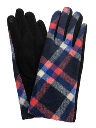 Womens Blue Pink & Gray Plaid Stretch Fit Texting & Tech Touchscreen Gloves