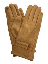 Womens Camel Tan Button Sude-Look Stretch Fit Texting & Tech Touchscreen Gloves